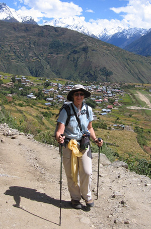 Dharma Zephyr Insight Meditation Community Community Dharma Leader Kathy Schwerin on trail in western Nepal 